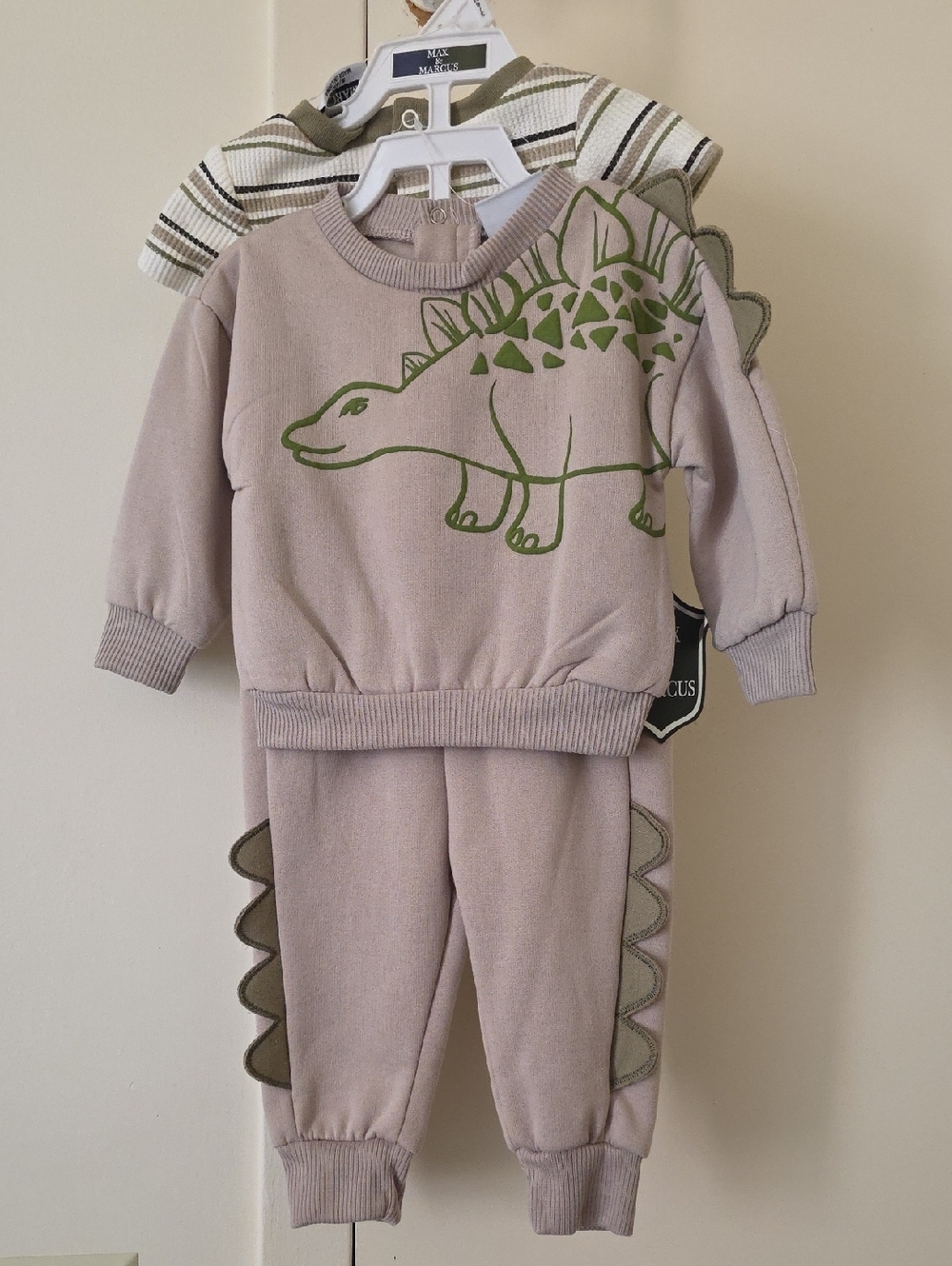 Kids Dino Sweatpants Set - Taupe with Green Accent